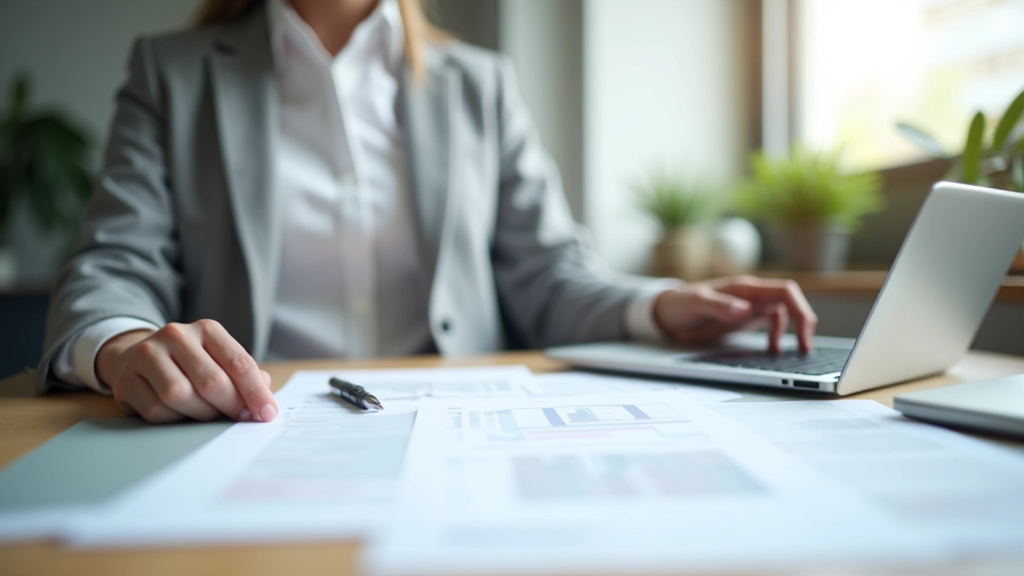 Espace de travail financier professionnel avec ordinateur portable et documents organisés
