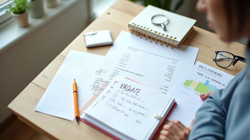 Tableau blanc avec notes financières, stylos, et documents de planification