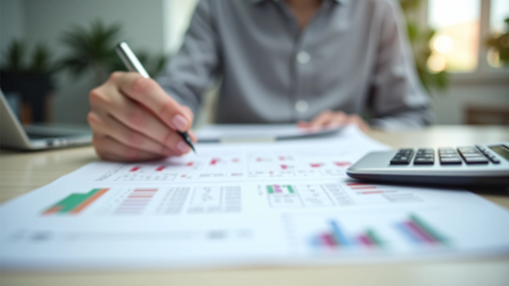 Tableau de budget prévisionnel avec colonnes pour charges fixes et variables, calculatrice sur un bureau professionnel