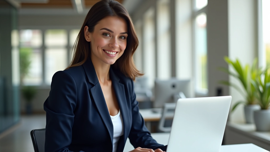 Femme professionnelle souriante regardant son ordinateur portable dans un bureau lumineux