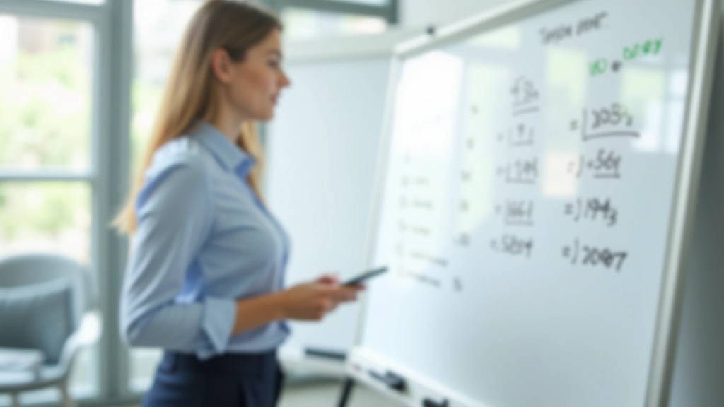 Femme pointant vers un tableau blanc avec formules de calcul financier