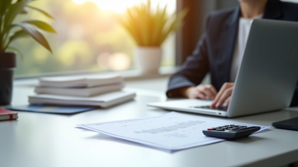 Bureau professionnel avec documents financiers, ordinateur portable et calculatrice